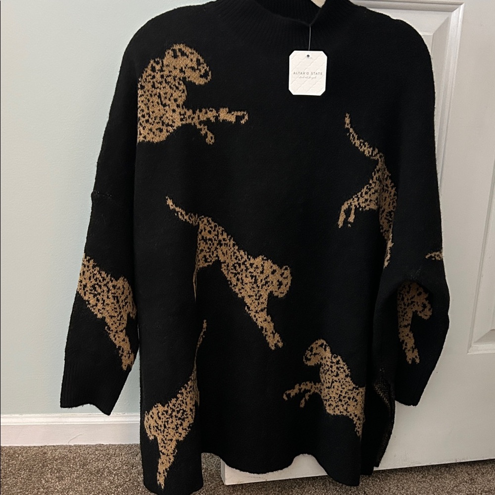 Altar'd State Black Sweater with Brown Leopard Motif